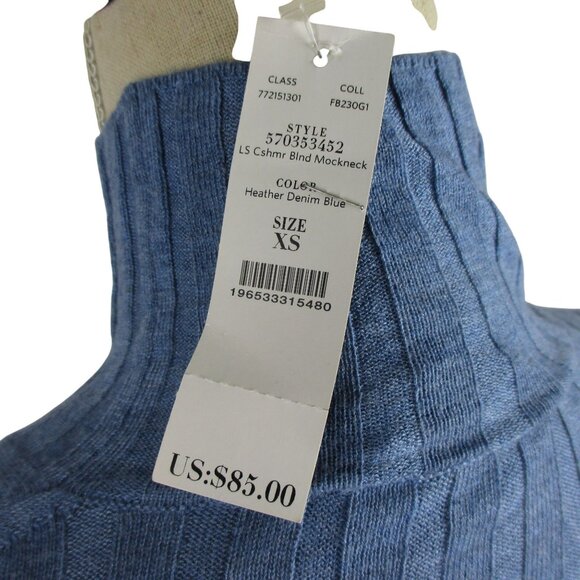 WHBM Mockneck Sweater Blue Cashmere Blend Size XS Fitted Layering Ribbed - Picture 7 of 7